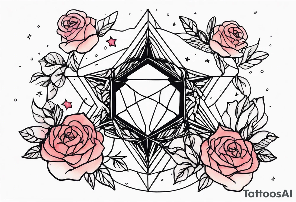 Tesseract with a field of small roses and stars around it tattoo idea