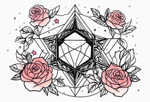 Tesseract with a field of small roses and stars around it tattoo idea