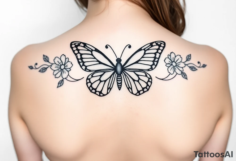 beautiful butterfly with flowers and lines around it also having the names Raiden, Shanleigh, and Waylon in it and the artwork being line work tattoo idea