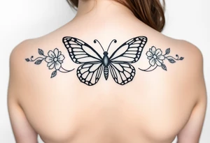 beautiful butterfly with flowers and lines around it also having the names Raiden, Shanleigh, and Waylon in it and the artwork being line work tattoo idea