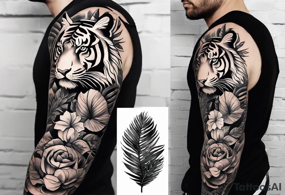 Full arm tattoo sleeve design.  Smaller 
abstract tiger coming down front of shoulder, monstera foliage on forearm, beach landscape on bicep tattoo idea