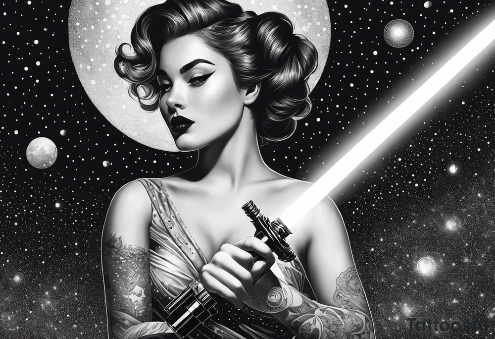 Pinup woman holding light saber in space tattoo idea