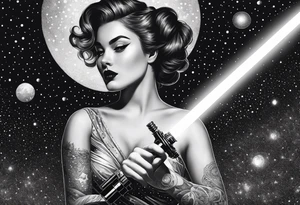 Pinup woman holding light saber in space tattoo idea