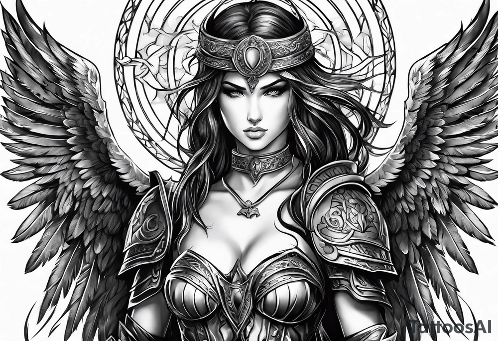 warrior angel in black standing tattoo idea