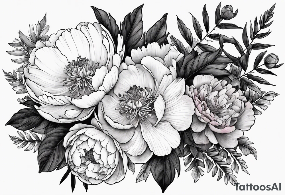 Peony flowers, fern fronds, Rosa laevigata, and hellebores tattoo idea