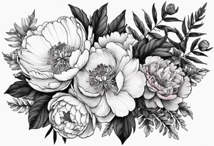 Peony flowers, fern fronds, Rosa laevigata, and hellebores tattoo idea