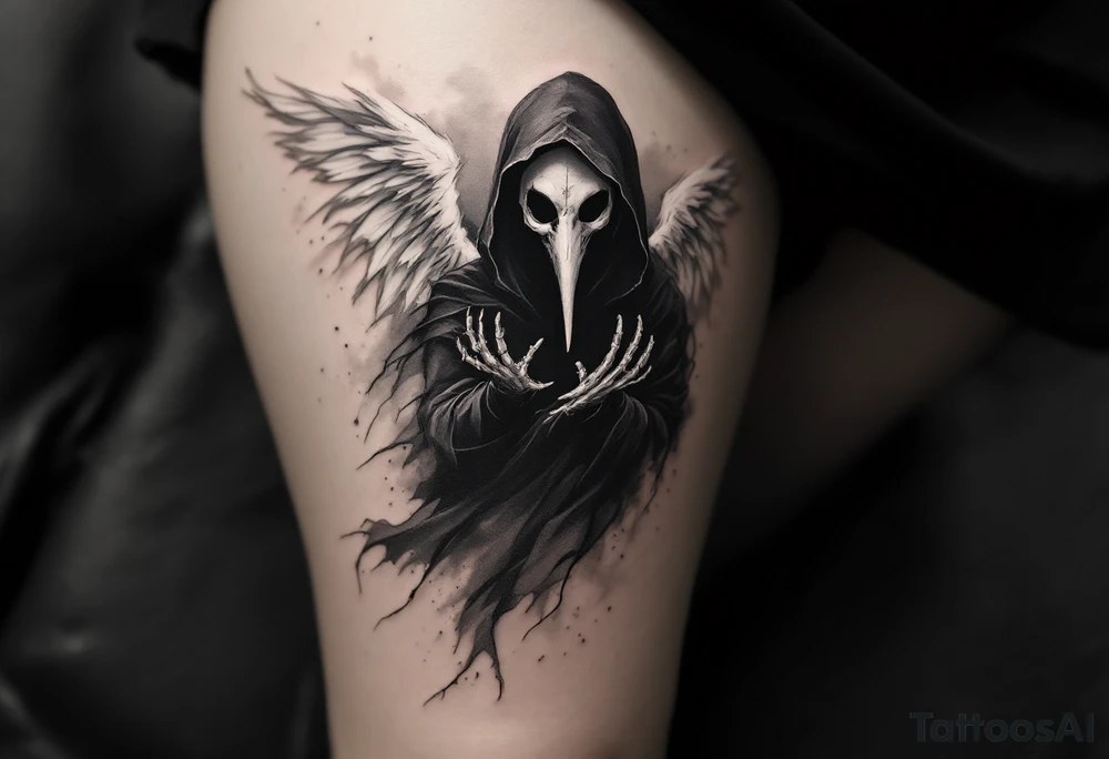 Plague Doctor as an Angel of Death – A floating plague doctor with tipical long nose mask with skeletal hands, dressed in a black hooded robe with smoky white edges. Behind them, tattered white and gray angel wings fade into mist. tattoo idea