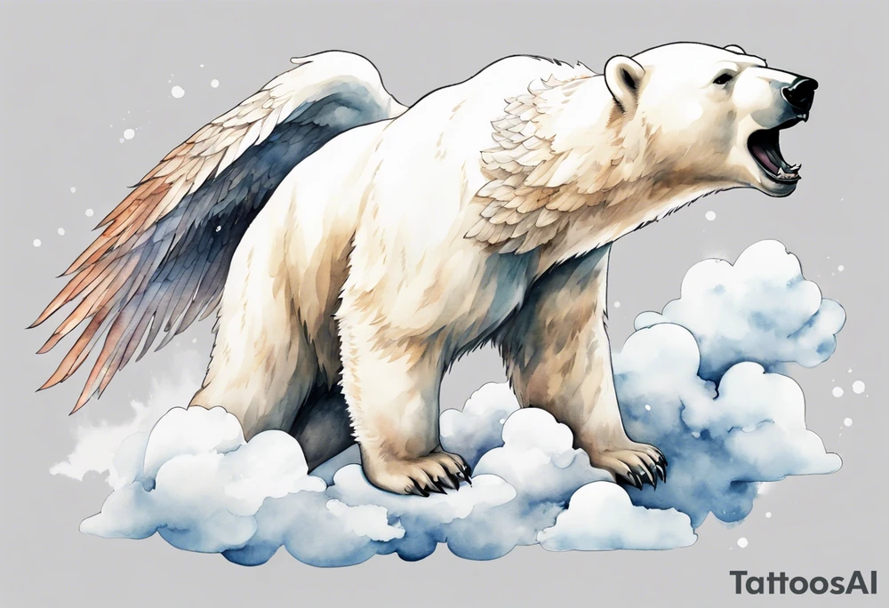 a polar bear with wings, standing on  clouds, roaring tattoo idea