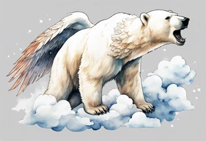 a polar bear with wings, standing on  clouds, roaring tattoo idea