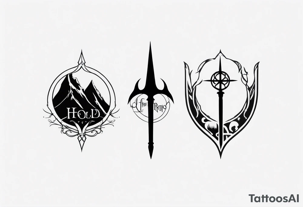 Lord of the rings with Harry Potter incorporated but clear visual of both movies. Small and minimal. Something like the deathly hallows symbol made out of swords and wizard staff from LOTR tattoo idea