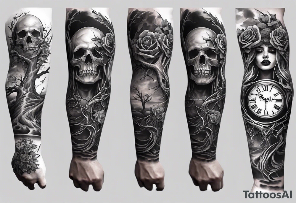 tattoo fool sleeve, tree roots break out of the chains at the bottom of the hand, broken mask, Clock with flying numbers, girl, skull, roses, less shadows tattoo idea