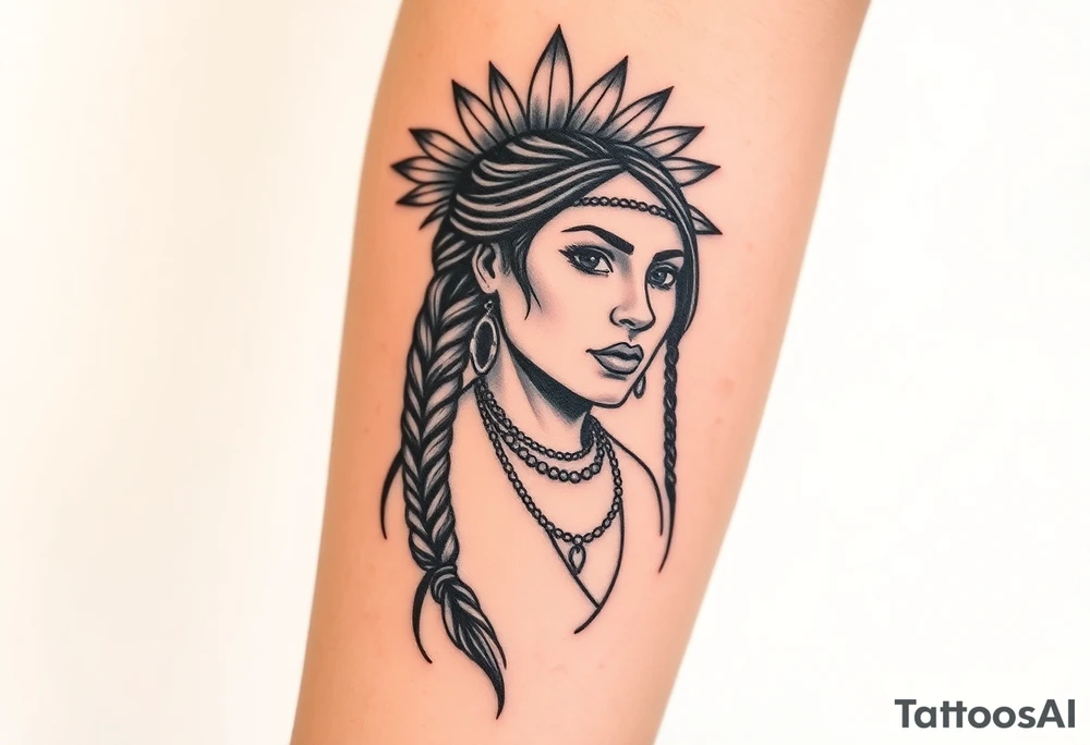 Beautiful Native American woman with braided hair tattoo idea