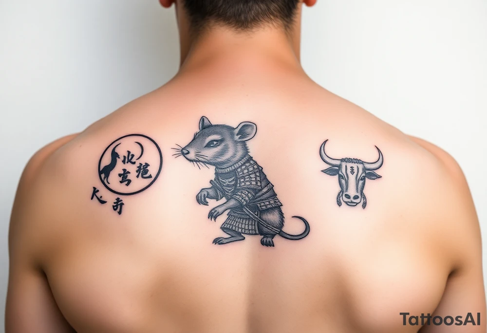 Japanese style tattoo consisting zodiac animals: rat(in the middle) dressed up samurai warrior style with with dog, goat, and ox surrounding the rat dressed up Samurai warrior style in a circular formation on the left of back tattoo idea