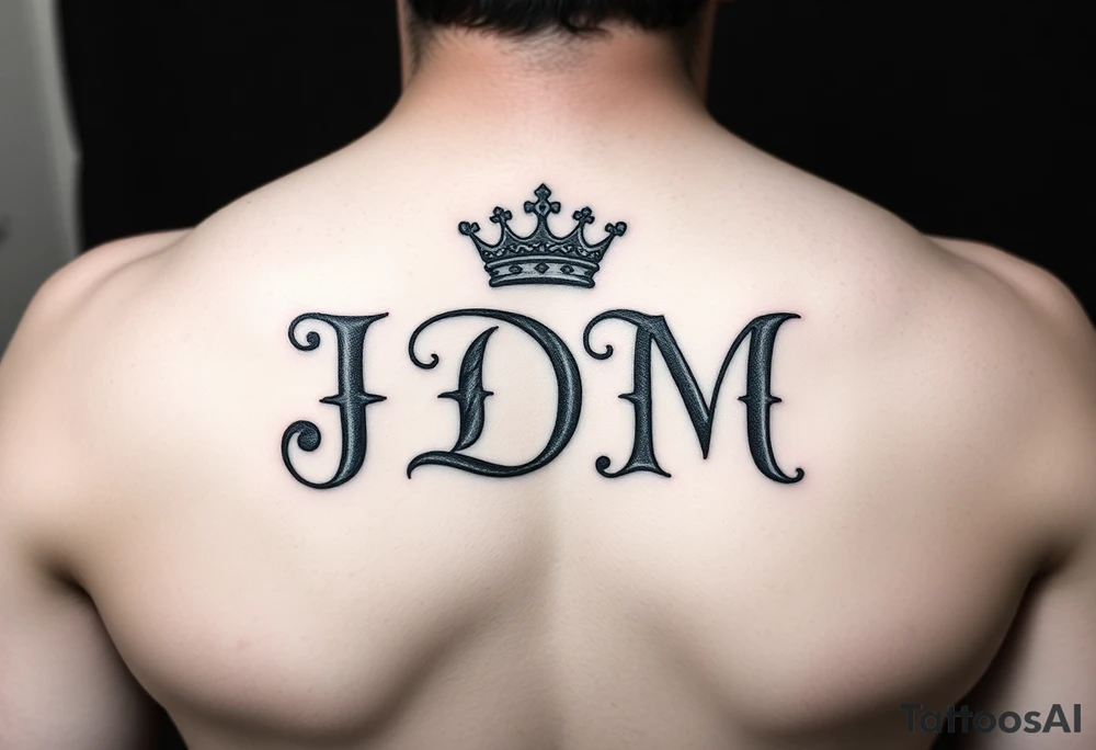 Letters JDM with crown on the J and a halo over the M tattoo idea