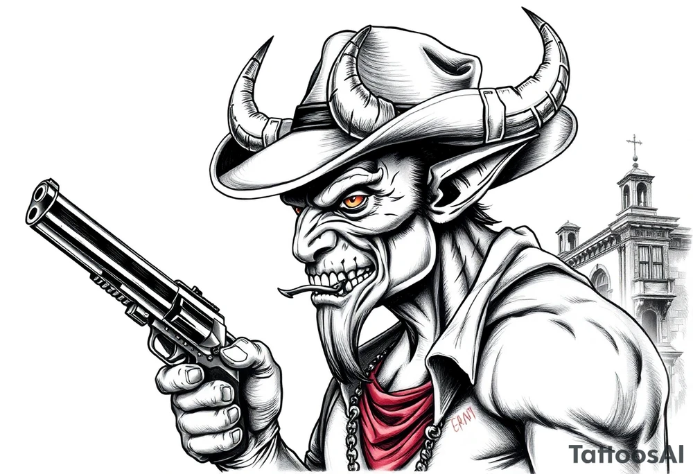 a demon with cowboy-hat ,a gun in a hand, old buildings in the background. tattoo idea