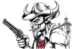 a demon with cowboy-hat ,a gun in a hand, old buildings in the background. tattoo idea