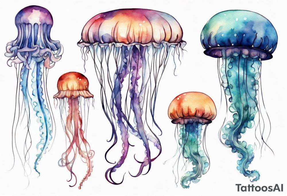 One very large jellyfish with long tentacles, surrounded by two or three smaller jellyfish tattoo idea
