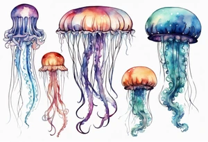 One very large jellyfish with long tentacles, surrounded by two or three smaller jellyfish tattoo idea