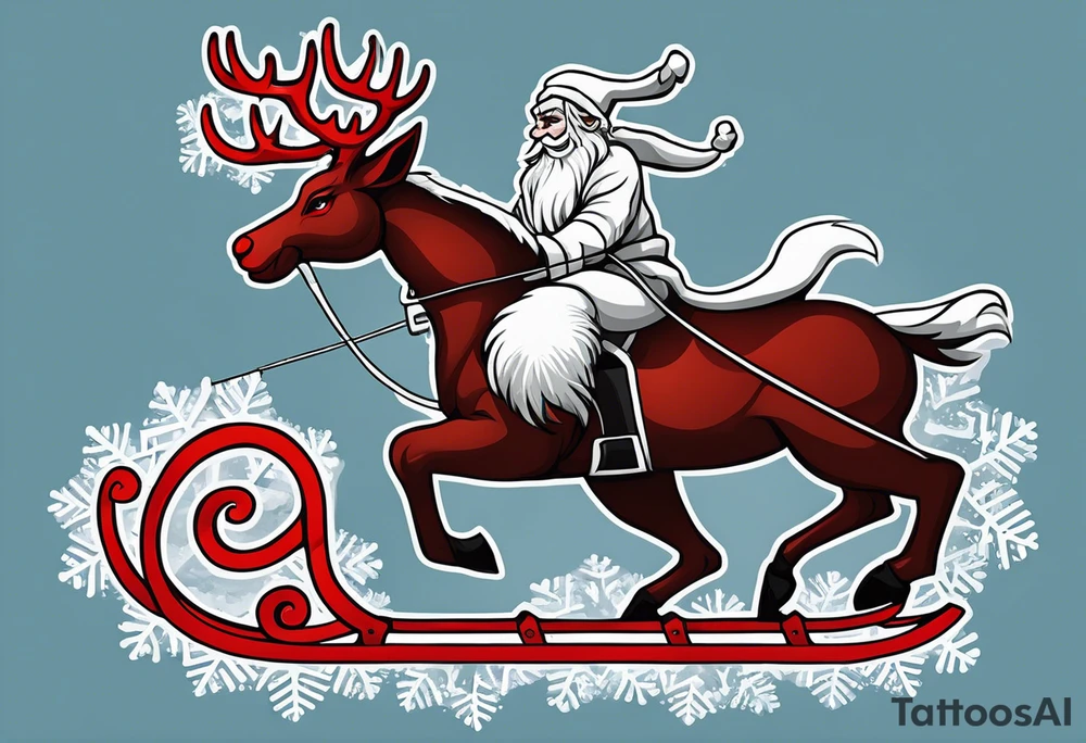 There will be a rope going down from it 
To which Santa Claus's sleigh is tied, but in the sleigh with reindeer there will be a krampus instead of a grandfather and they will be surrounded by a large snowflake tattoo idea