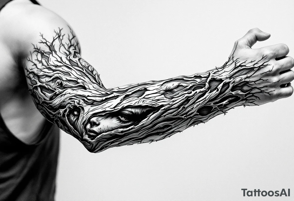 Entire arm tattooed like tree bark with face carved into it tattoo idea