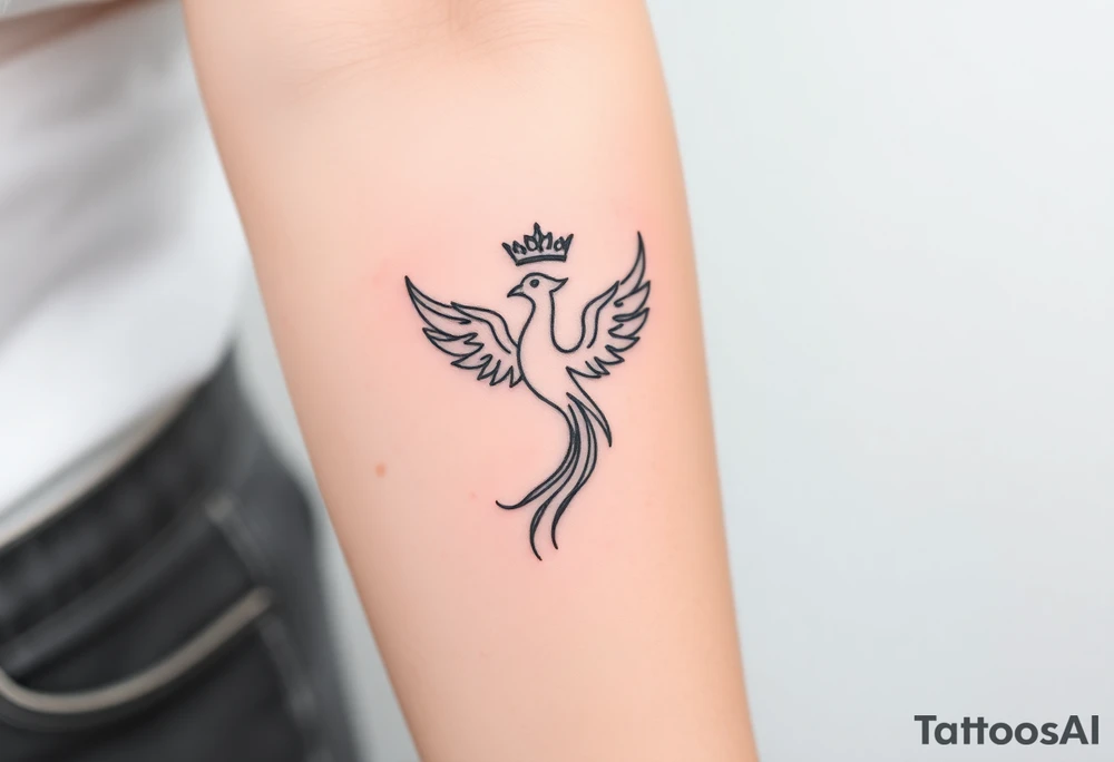 Minimal phoenix and crown fine lines tattoo idea