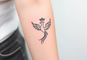 Minimal phoenix and crown fine lines tattoo idea