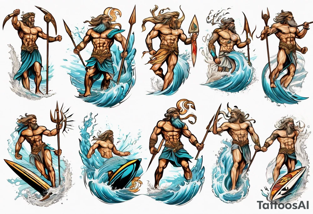 Ancient Greek gods of the sea fighting with surfer  and trident tattoo idea