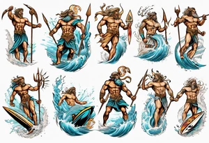Ancient Greek gods of the sea fighting with surfer  and trident tattoo idea