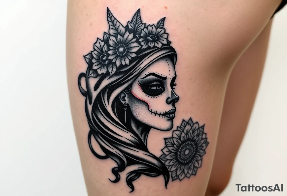 Eine sehr realistisch aussehende moderne la Catrina auf dem gesamten forderten Oberschenkel verbunden mit einem mandala auf dem Knie tattoo idea