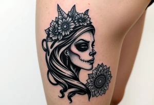 Eine sehr realistisch aussehende moderne la Catrina auf dem gesamten forderten Oberschenkel verbunden mit einem mandala auf dem Knie tattoo idea