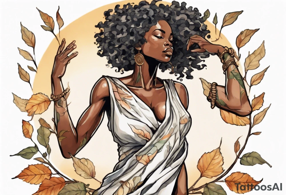a tree trunk with roots that is a beautiful black woman from the waist up, arms reaching up to the sun, wearing a tunic made out of leaves tattoo idea