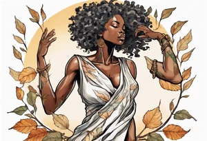 a tree trunk with roots that is a beautiful black woman from the waist up, arms reaching up to the sun, wearing a tunic made out of leaves tattoo idea