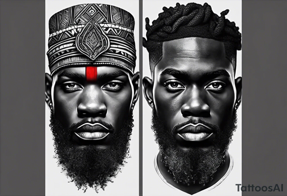 homem divindade africano realista em preto e cinza com os olhos vermelhos. Fundo da imagem com tons vermelhos. Usando na mão um falo de madeira com cabaças penduradas. tattoo idea