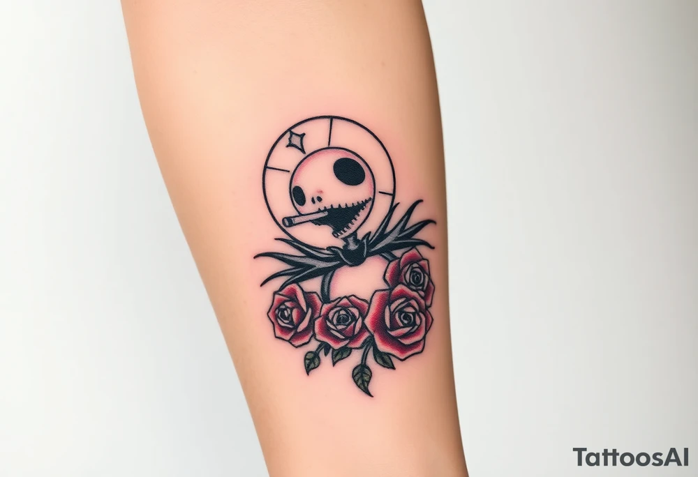 jack skellington smoking a blunt, with a halo over head, roses, jackolanters tattoo idea