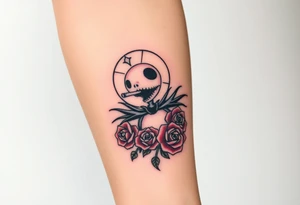 jack skellington smoking a blunt, with a halo over head, roses, jackolanters tattoo idea