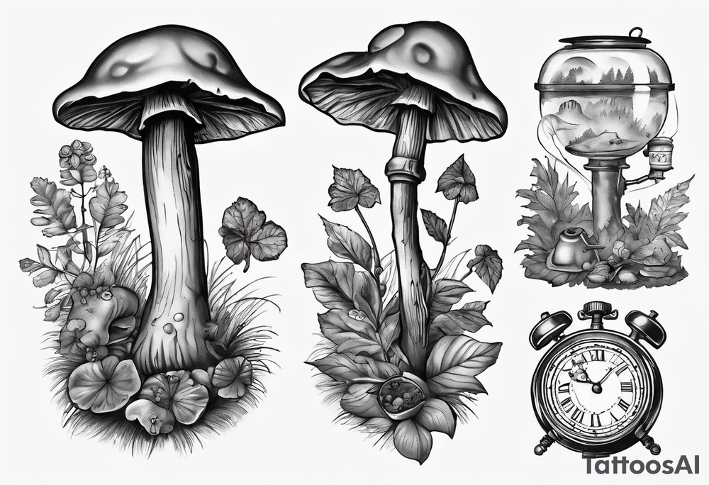 mounting landscape with little boletus in the forest.
Add in a middle an antique clock at 9:44pm. across the tattoo a cinema film. And on top a game of poker 4 cards. a Grandma's walking stick and 
A real Italian coffee maker. tattoo idea