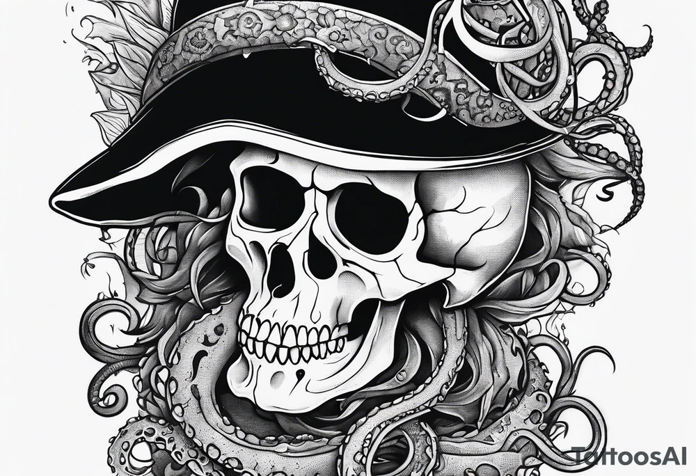 Skull with tentacles and text above and below  “Dead me say no tales” tattoo idea