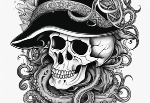 Skull with tentacles and text above and below  “Dead me say no tales” tattoo idea