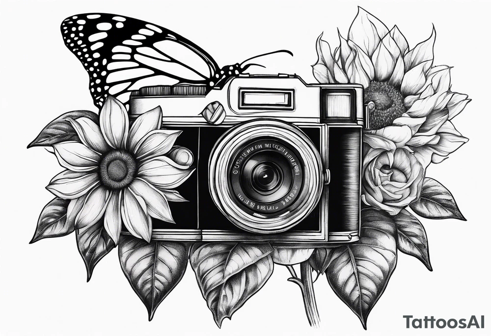 Book, sunflower, camera, butterfly, flower rose tattoo idea Book, sunflower, camera, butterfly, flower rose tattoo idea