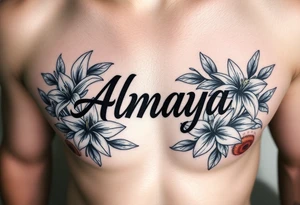 The name Almaya surrounded by Lilies. I want this on rib cage tattoo idea
