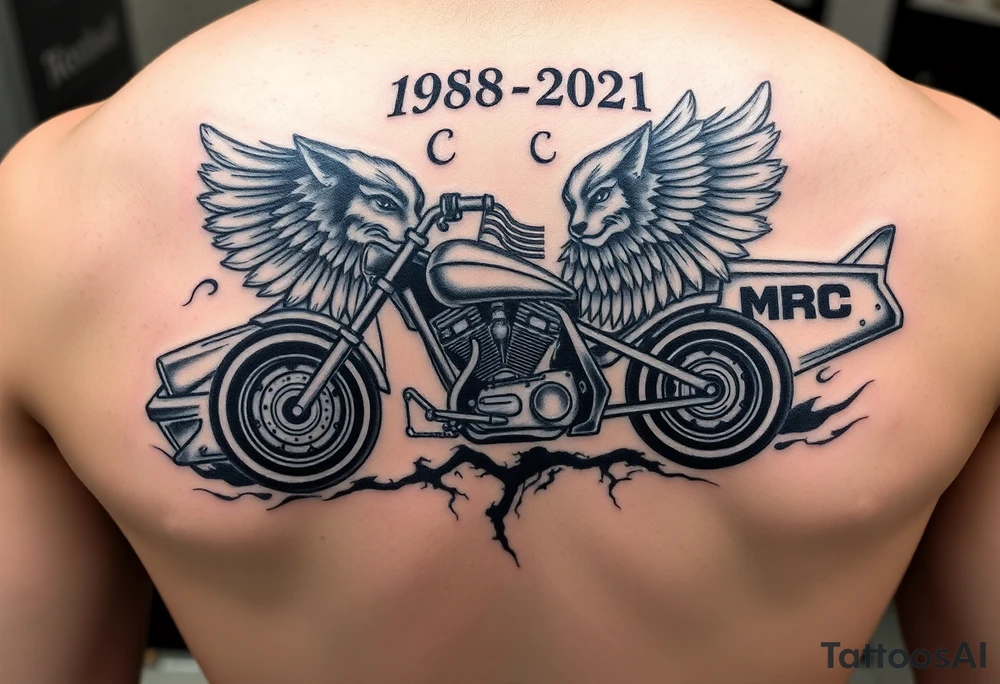 Dale Earnhardt car on it with the year 1958 - 2021 intertwined with a motorcycle on it with guardian angel wolves tattoo idea