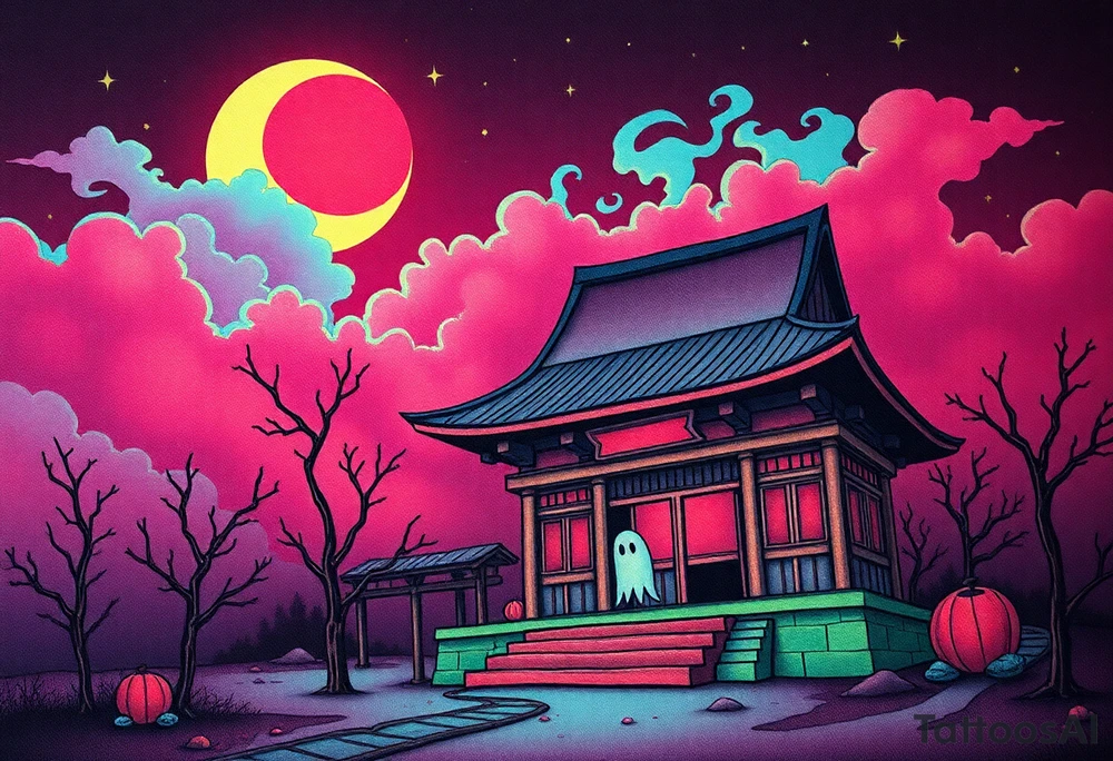 Tim Burton’s haunted pastel Tokyo shrine is abandoned except for one lone samurai ghost and dripping with muted reds, dusty pinks, and eerie green glow.purple and cyan smokey clouds swirl in the crescent moonlit sky thats sprinkled with stars tattoo idea tattoo idea
