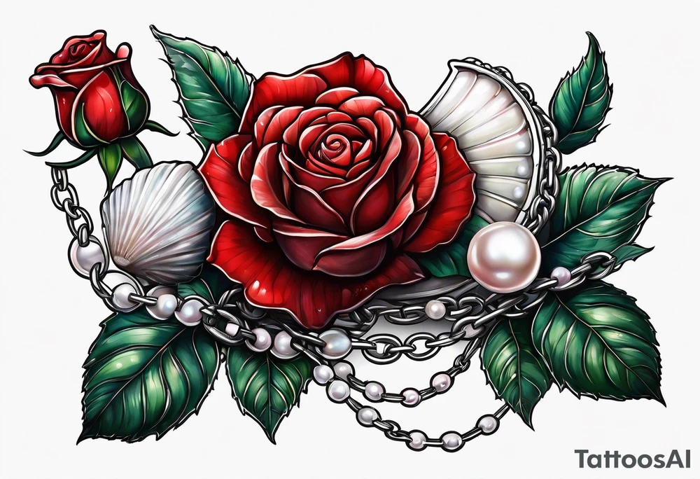 Red rose with a chain made of pearls and a seashell tattoo idea