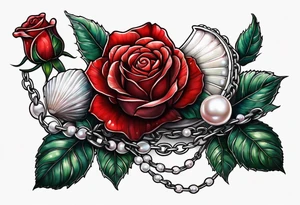 Red rose with a chain made of pearls and a seashell tattoo idea