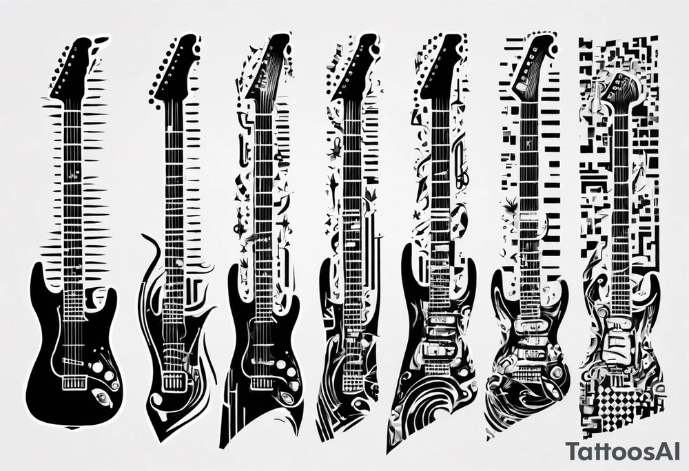 Create a unique vertical tattoo design inspired by my passion for the electric guitar and video games. Consider an abstract representation of musical notes and pixel graphics that fits well on the back of the forearm tattoo idea