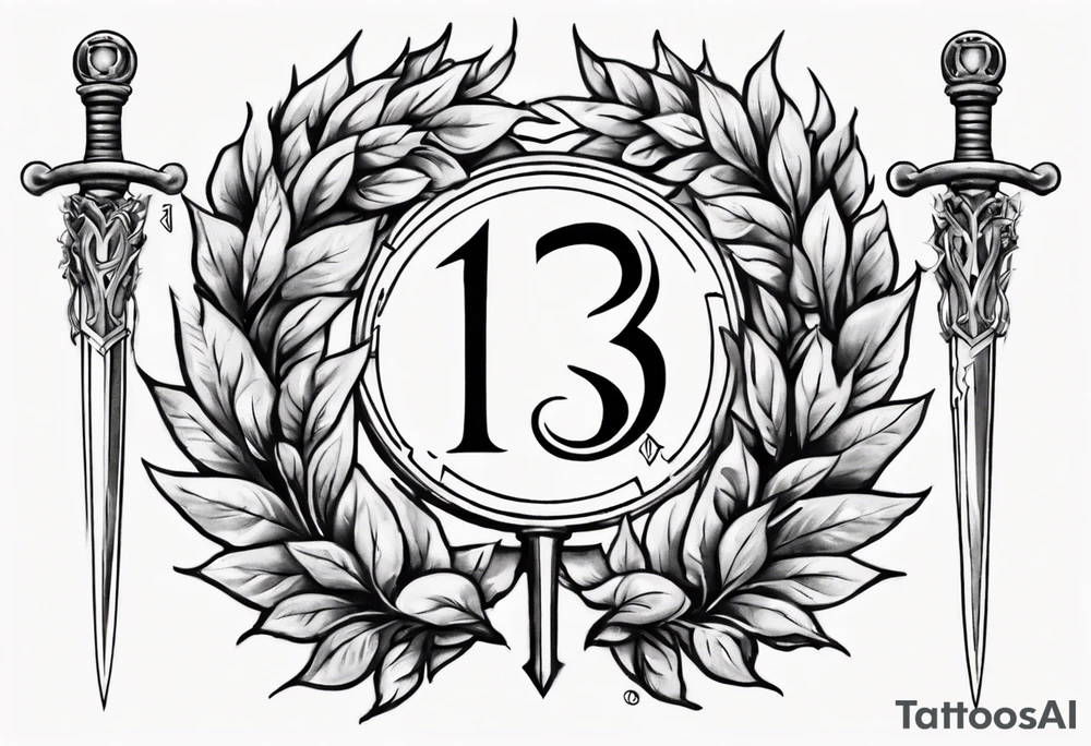 number 13 centered in a laurel leaf wreath and a sword going through the center of the wreath tattoo idea