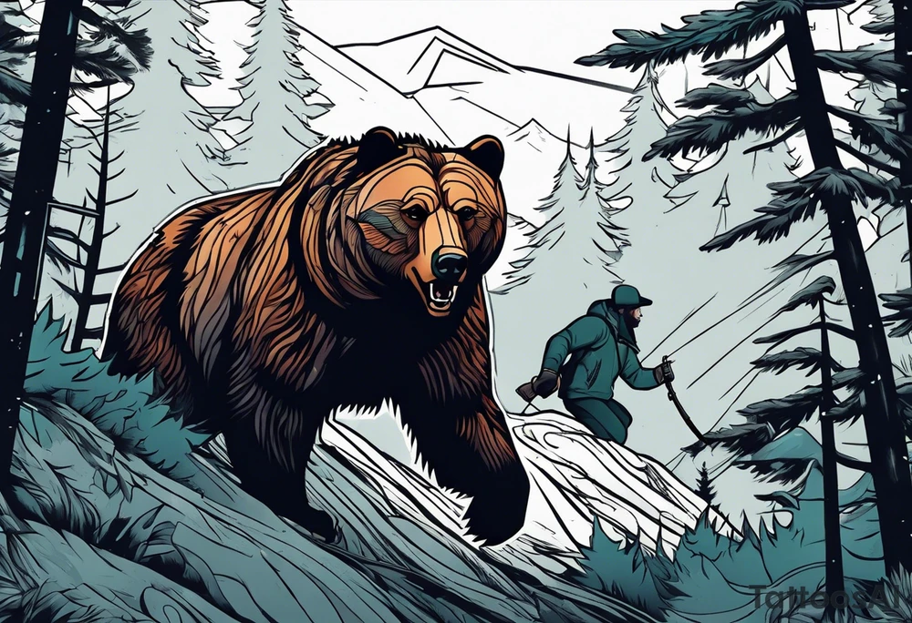 Hunter in the woods being attacked by a bear tattoo idea