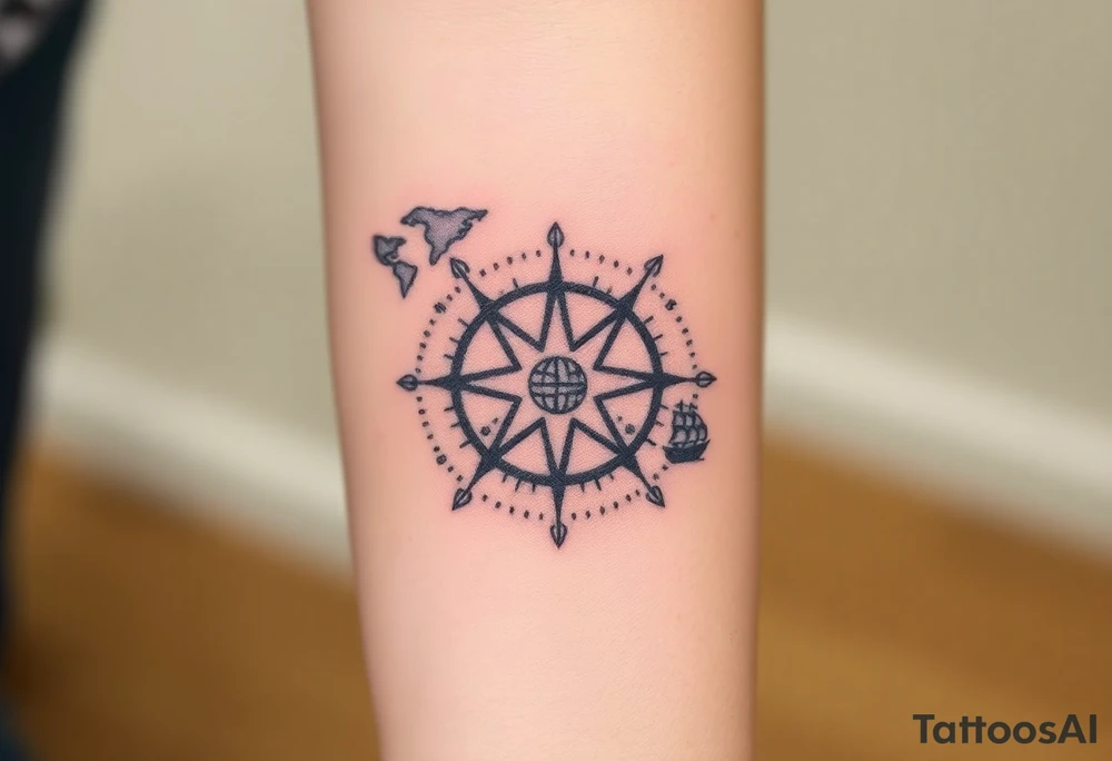 antique compass rose overlaid on weathered world map with sailing ships tattoo idea