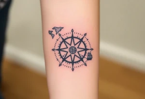 antique compass rose overlaid on weathered world map with sailing ships tattoo idea