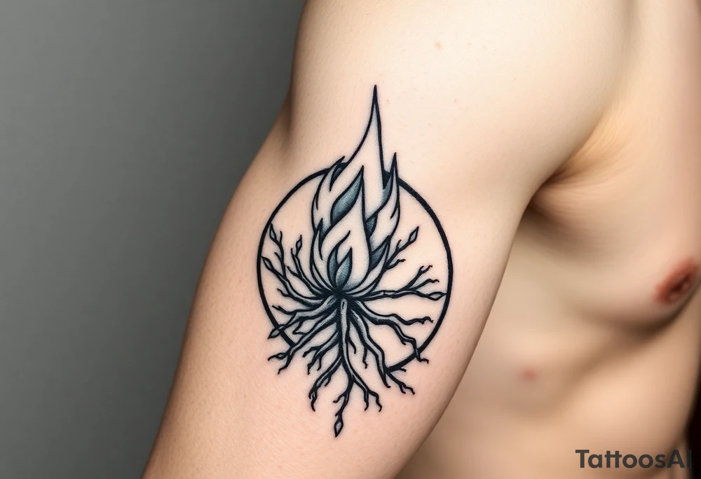 flame in a blooming roots circle tattoo idea